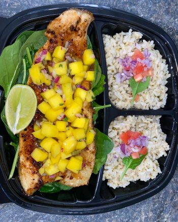 Maple glazed Snapper with pineapple salsa with brown rice